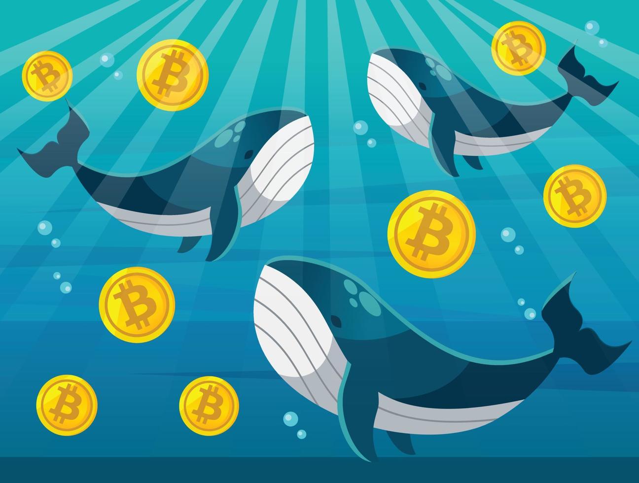 tecknad serie vektor platt design illustration av val med bitcoin blockchain och nft tecken. bitcoin val illustration med val svans i hav. stor investerare, näringsidkare i kryptovaluta marknadsföra.