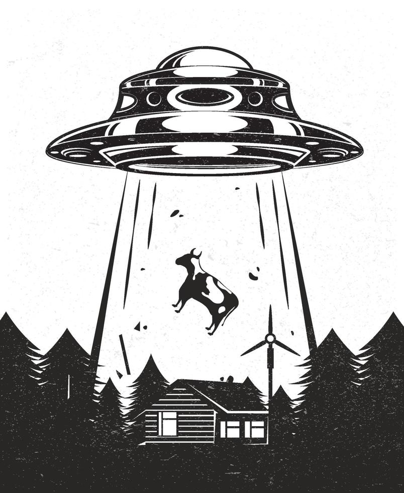 ufo affisch vintage. utomjordingar bortför en ko från en gård. hus med väderkvarn kvarn i skogen. svartvit design. vektor illustration.