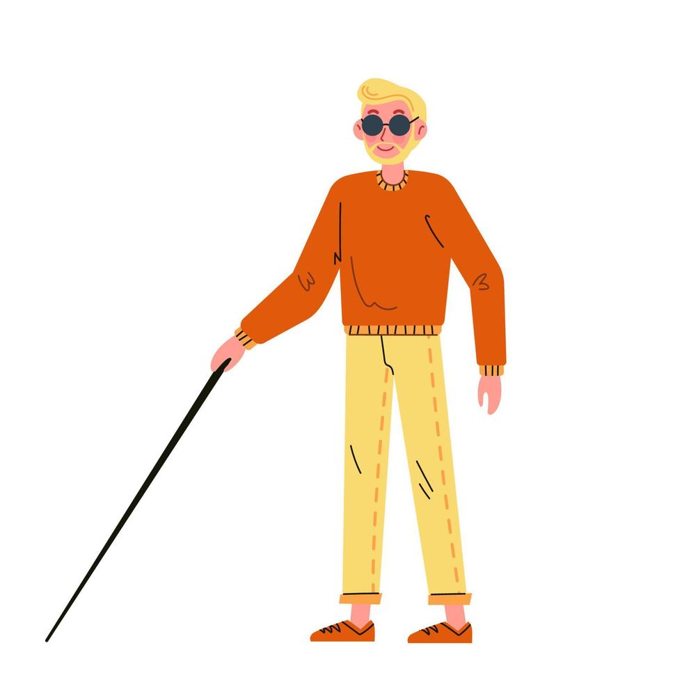 blind Mann Gehen mit Stock. eben Illustration im Karikatur Stil. Vektor isoliert auf Weiß.