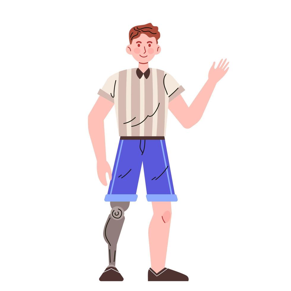 Lycklig ung man med en protes- ben. vuxen bär en protes. handikappade person, manlig karaktär med artificiell lem. platt illustration i tecknad serie stil. vektor isolerat på vit.