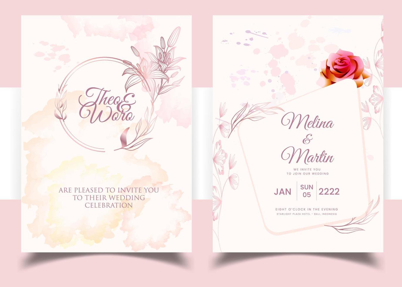 Einladung Karte mit schön Blühen Blumen- Aquarell Hintergrund. schön Hand Zeichnung Hochzeit Einladung Design Rosa Rose Einladung Vorlage. elegant Hochzeit Karte mit schön Blumen- Vektor. vektor