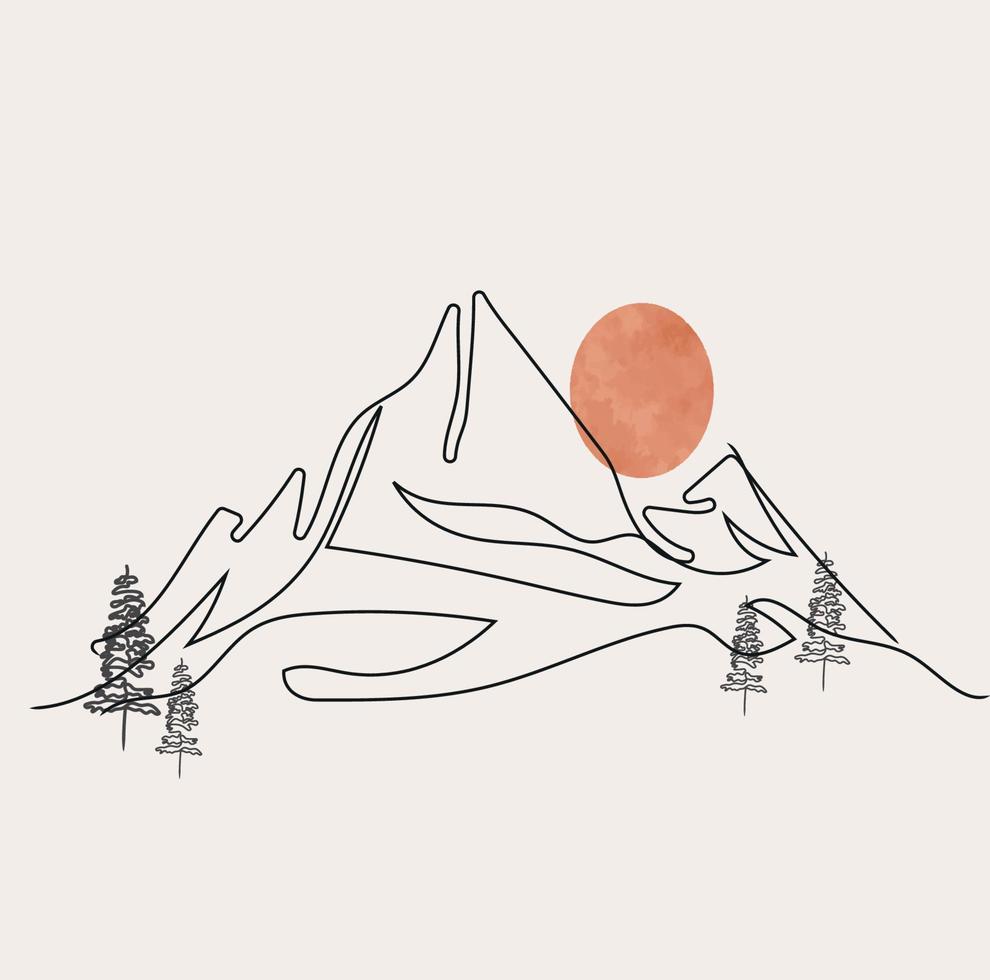 minimalistisch Berg Linie Kunst, Landschaft Gliederung Zeichnung, Sport Illustration, Vektor Design, Natur, Kiefer Baum, Wald, Sonnenaufgang, Sonnenuntergang, schön Sicht, Wald