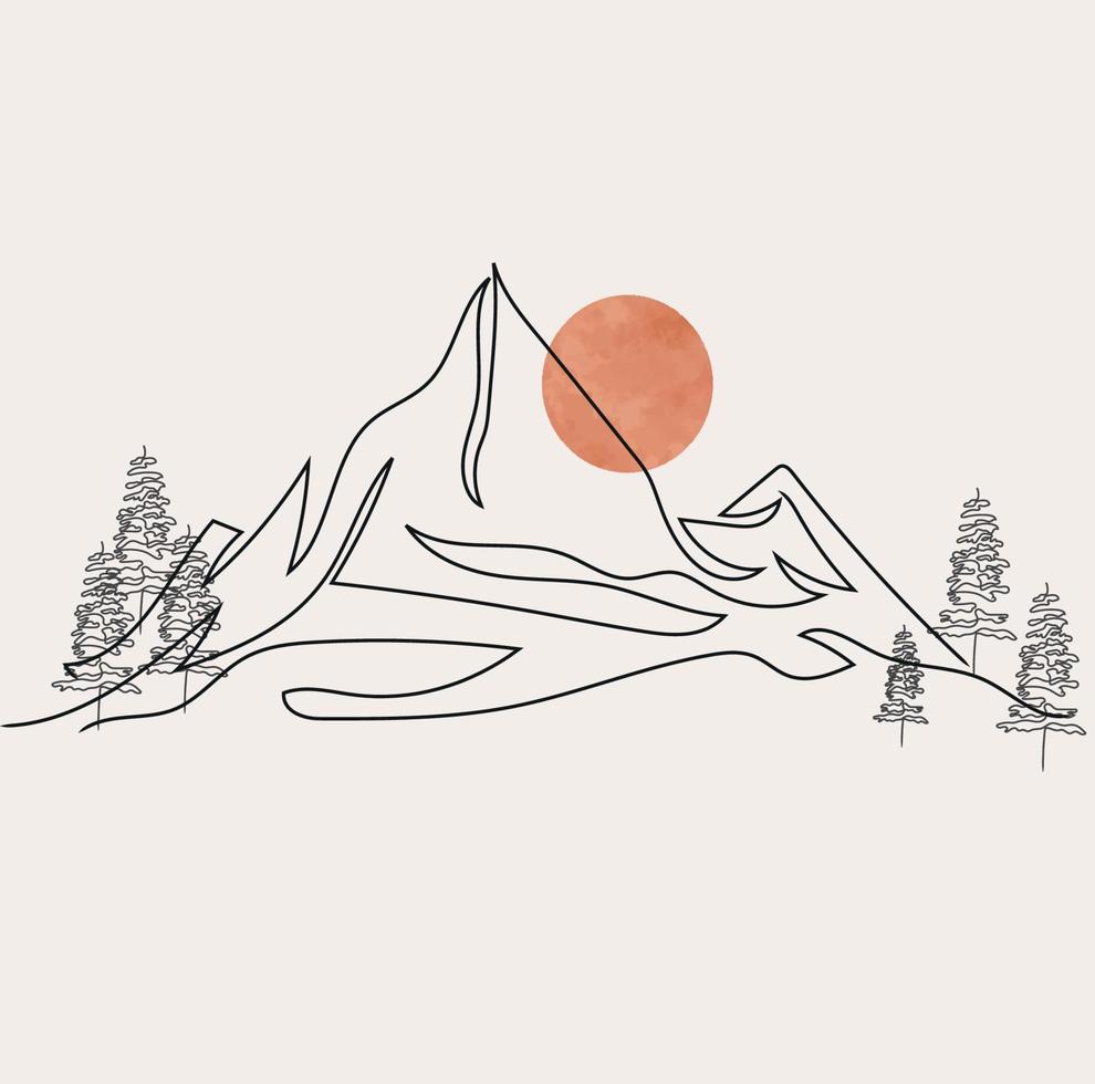 minimalistisk berg linje konst, landskap översikt teckning, sport illustration, vektor design, natur, tall träd, skog, soluppgång, solnedgång, skön se, skog