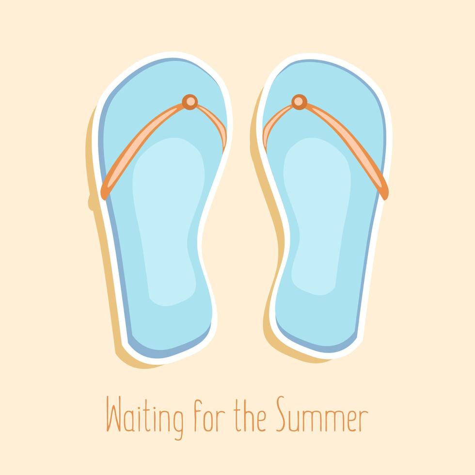 Sommer- Flip Flops. Blau Sandalen Stehen auf das Strand Sand mit warten zum das Sommer- Phrase. Ferien Logo, Postkarte, Karte, Sommer- Vektor Illustration.