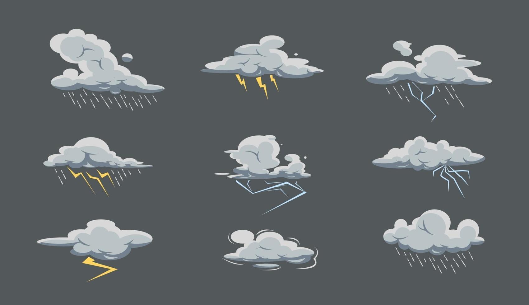 storm moln stor uppsättning med regn och åska i tecknad stil. dåligt väder ikonsamling. himmel med regn vektor