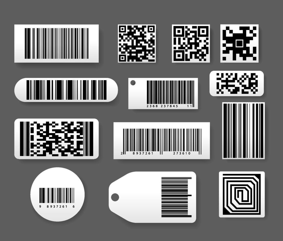 Barcode-Etiketten großes Set mit realistischem 3D-Stil. Aufkleber, digitales Baretikett und Einzelhandelspreisbalken, QR-Code auf isoliertem Hintergrund vektor