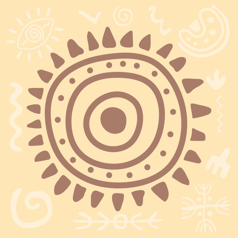 Primitive ethnisch Ornament, Petroglyphe. Zeichen, Symbol Sonne. uralt Muster. Spiral- Zeichnungen von ein uralt Stamm, Stein Alter. Design Element zum Textilien, Papier, Stoffe, Postkarten. Vektor Illustration