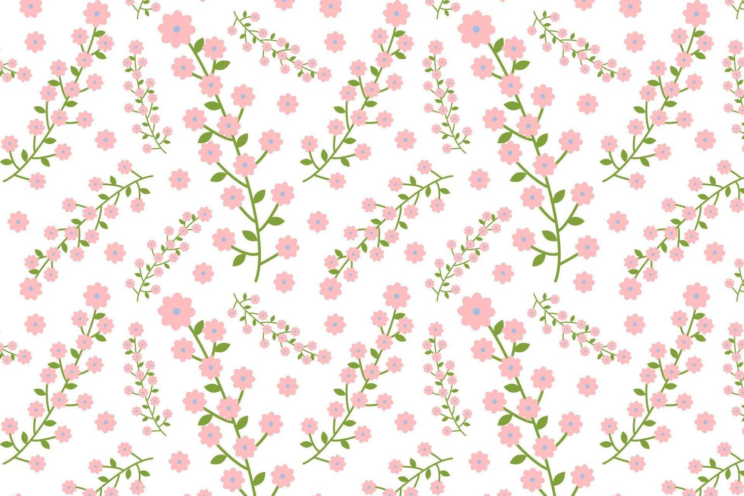 nahtlos Muster Grün Geäst mit Blühen Rosa Knospen, Frühling Blumen. Wildblumen und Kräuter. botanisch botanisch Blumen- Kraut drucken zum Poster, Karten, Textilien, Kindergarten. Vektor Illustration