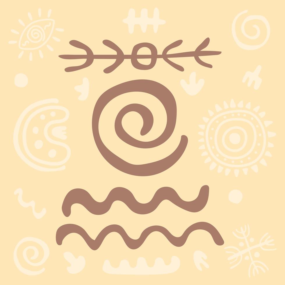 Primitive ethnisch Ornament, Petroglyphe. Zeichen, Spiralen, wellig Linien, Zickzack, Pfeile. uralt Muster. Spiral- Zeichnungen von uralt Stamm, Stein Alter. zum drucken, Textilien, Stoffe. Vektor Illustration