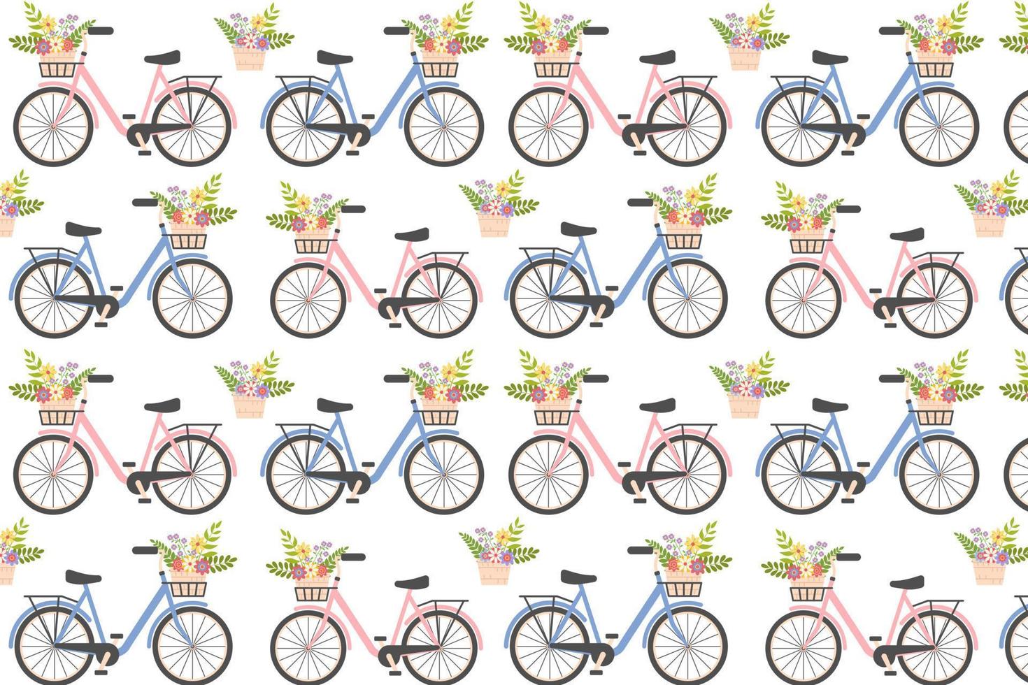 nahtlos Muster mit süß Damen Fahrräder mit Korb von Frühling Blumen. Frauen Stadt retro Fahrrad. Sommer- Blumen- Jahrgang Reise. Romantik. gut zum Karten, Gruß. Vektor Illustration, Weiß Hintergrund