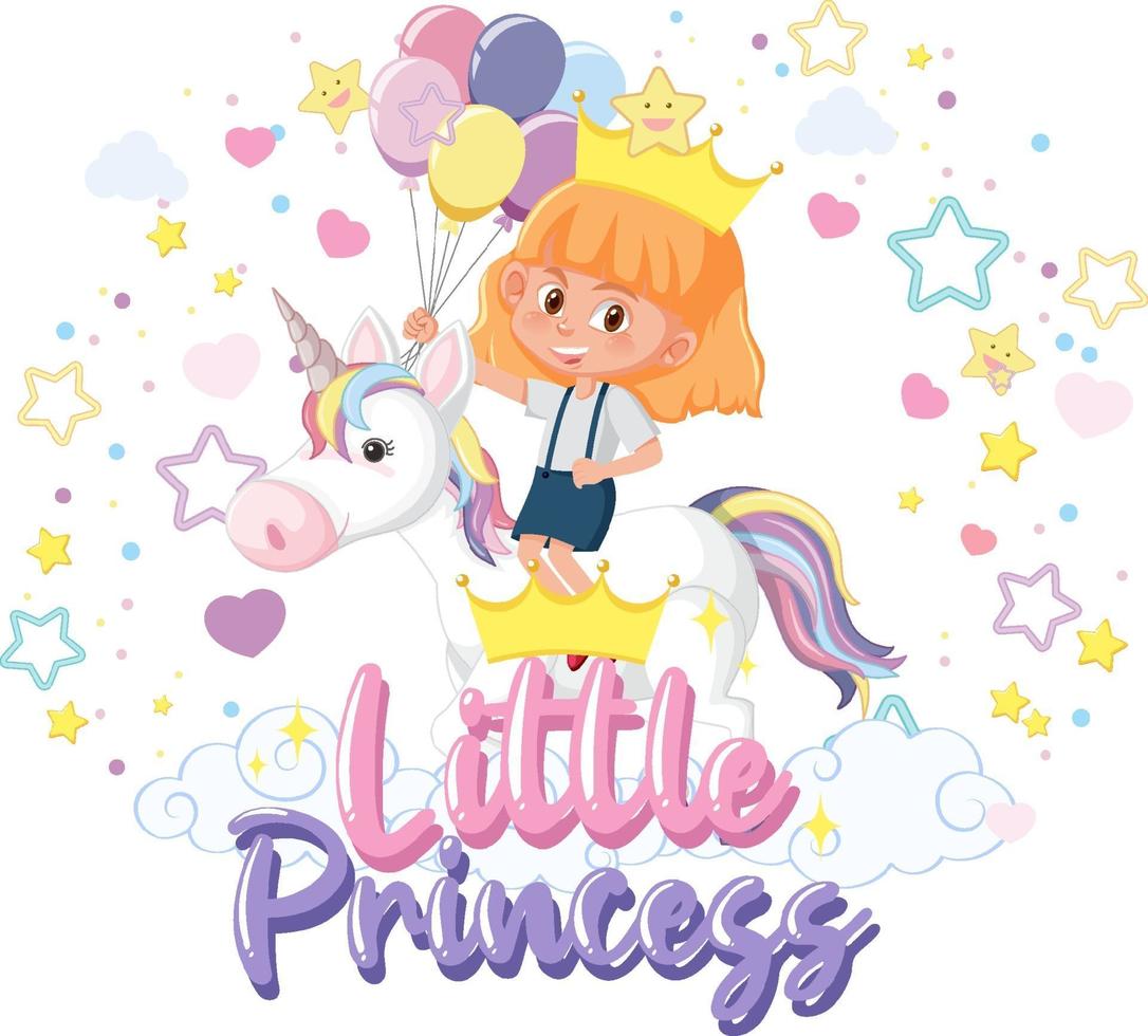 kleines Mädchen, das Pegasus mit der Schriftart der kleinen Prinzessin auf weißem Hintergrund reitet vektor