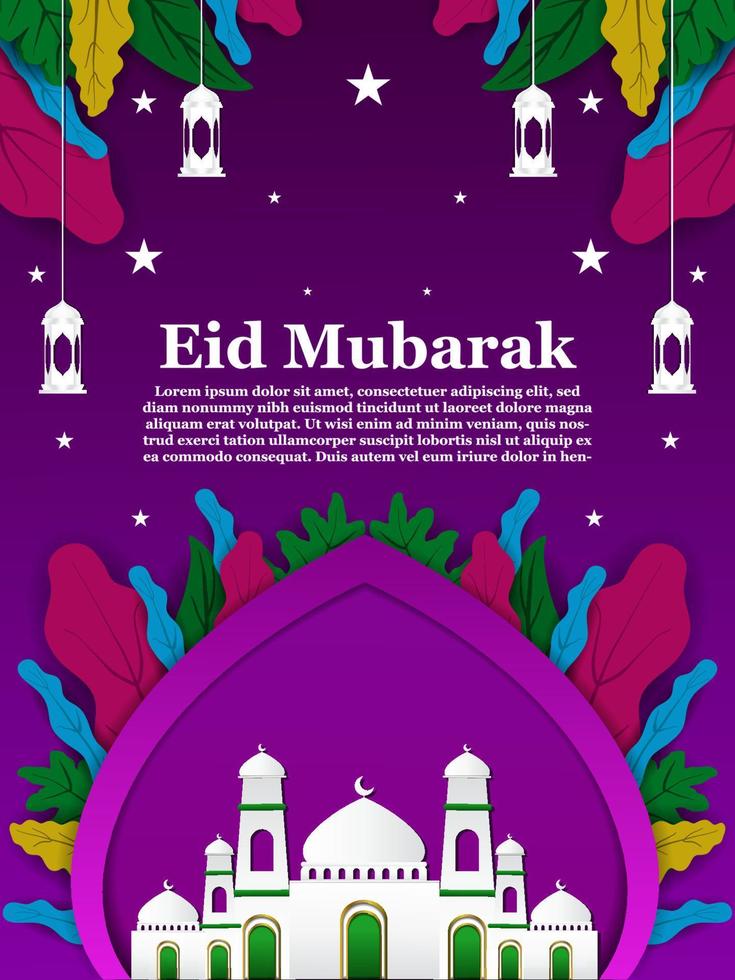 eid Mubarak Poster Design im modern und bunt Stil dekoriert mit Blätter, Moschee Formen, Laternen und Sterne, islamisch Vektor Design