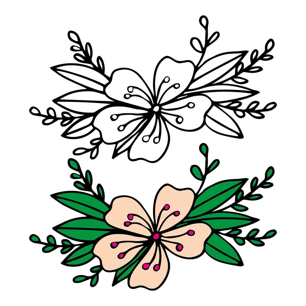 skiss av vårblommor av kvitten, mandel, äppelträdsgrenar med knoppar och blommor. handrita botaniska doodle vektorillustration i svart kontrast med vit fyllning. vektor