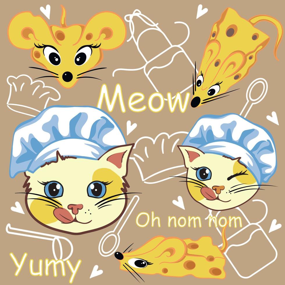 söt kattunge i en kockens hatt med en mus i de form av en bit av ost på en mild bakgrund med rolig inskriptioner och kök objekt vektor