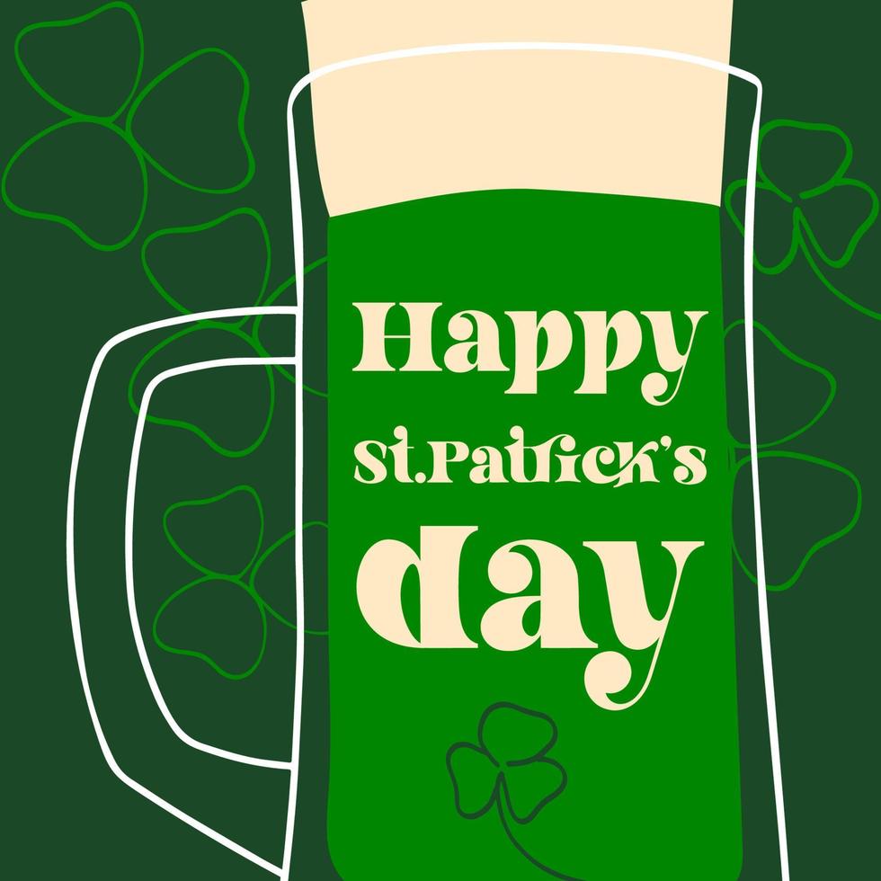 glücklich st.patrick s Tag Text mit Illustration stilisiert Becher von Bier auf Grün Hintergrund vektor