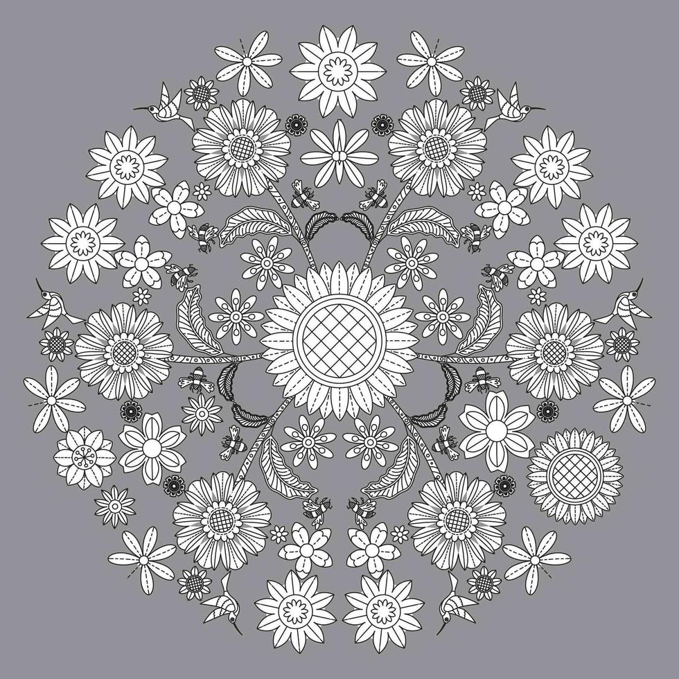 kreisförmiges Blumenmuster in Form von Mandala, dekorative Verzierung im orientalischen Stil, dekorativer Mandala-Designhintergrund mit Weinrebenvögeln und Schmetterlingen geben Vektor frei