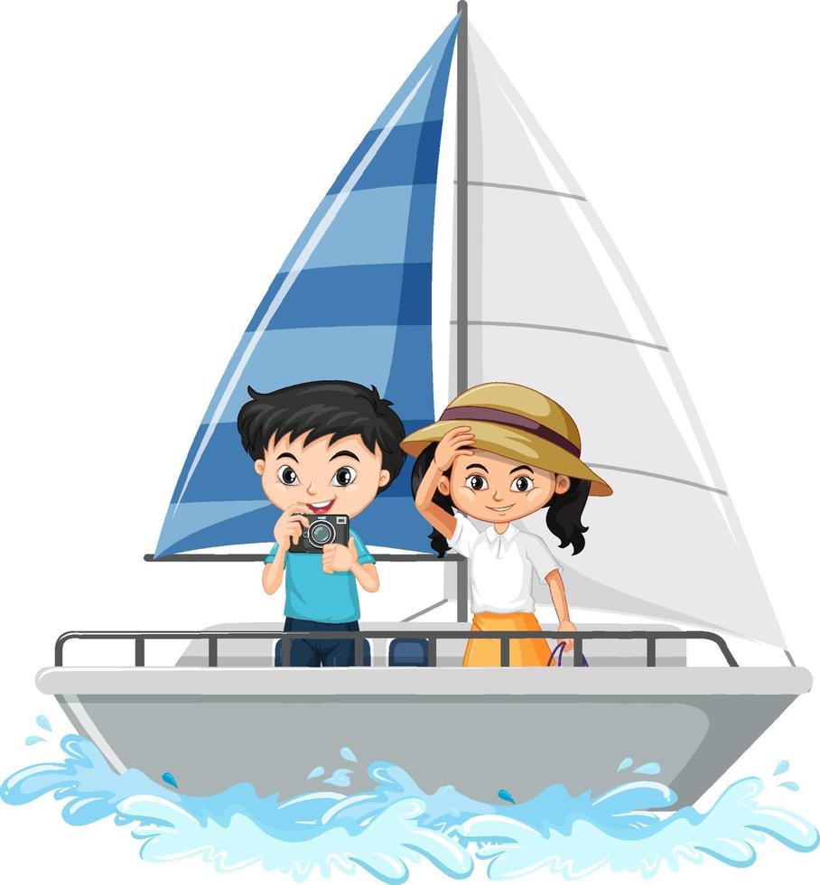 ein Junge und ein Mädchen, die auf einem Segelboot stehen, lokalisiert auf weißem Hintergrund vektor