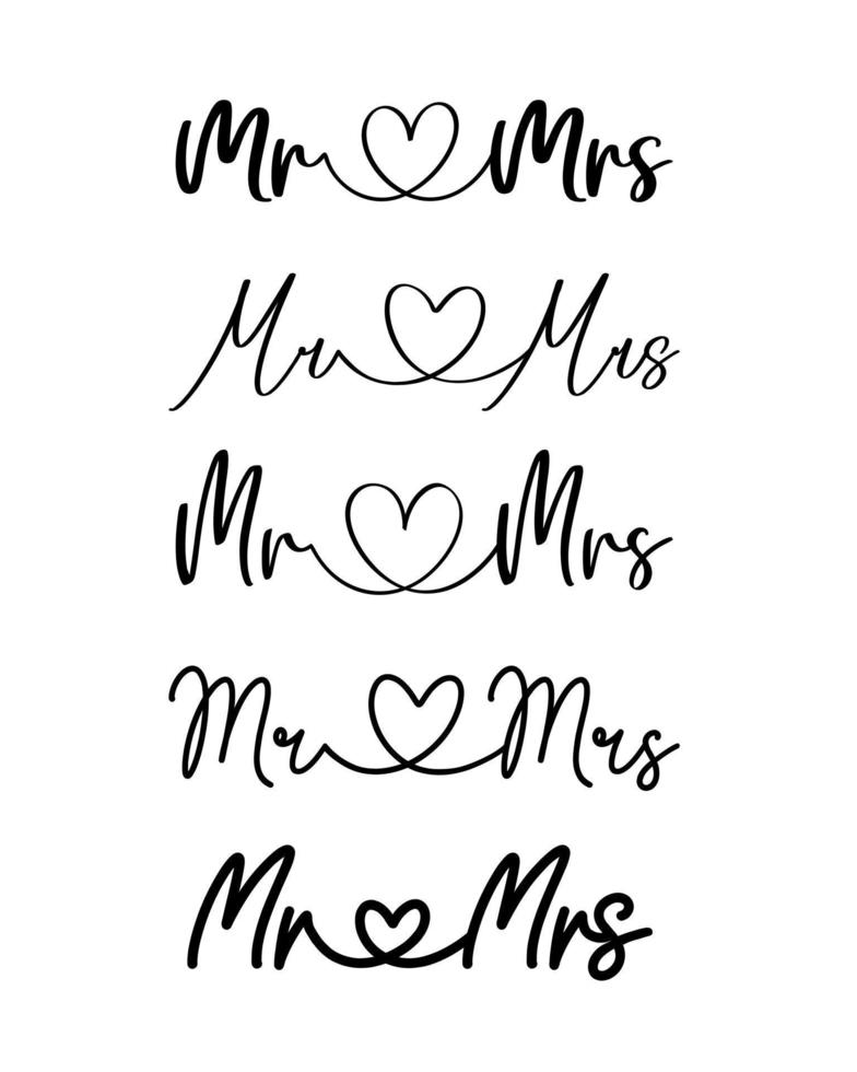 Hand Beschriftung Herr und Frau Hochzeit einstellen Braut Bräutigam Paar Liebe Herz Typografie Wörter Kalligraphie Gruß Karte Einladung Hintergrund vektor