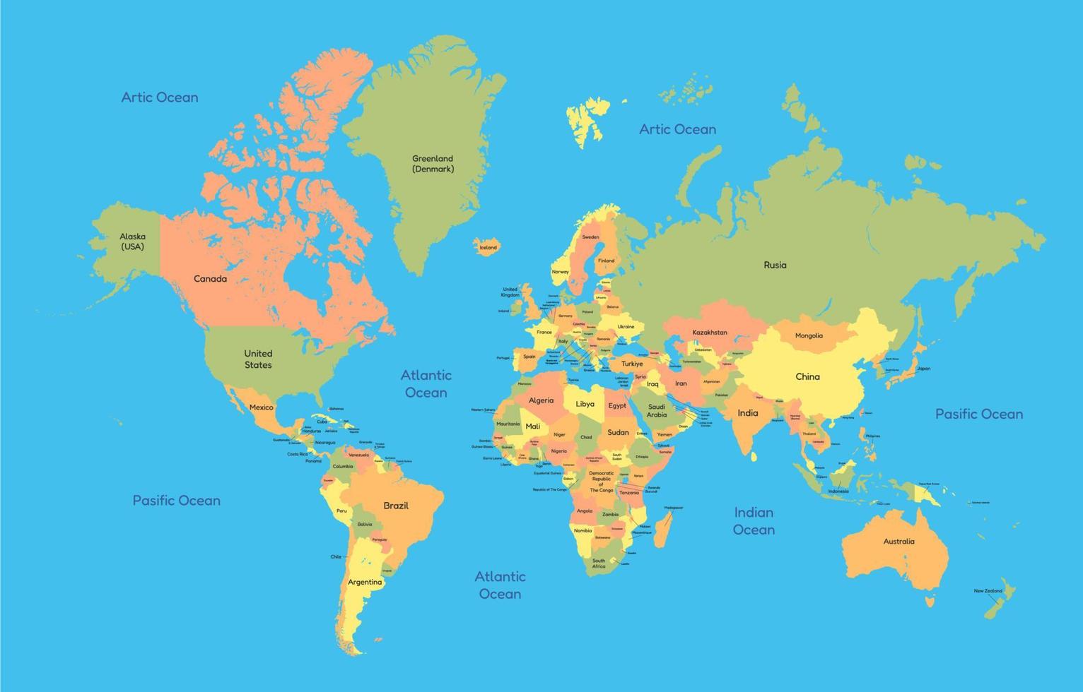 värld Karta med länder namn vektor