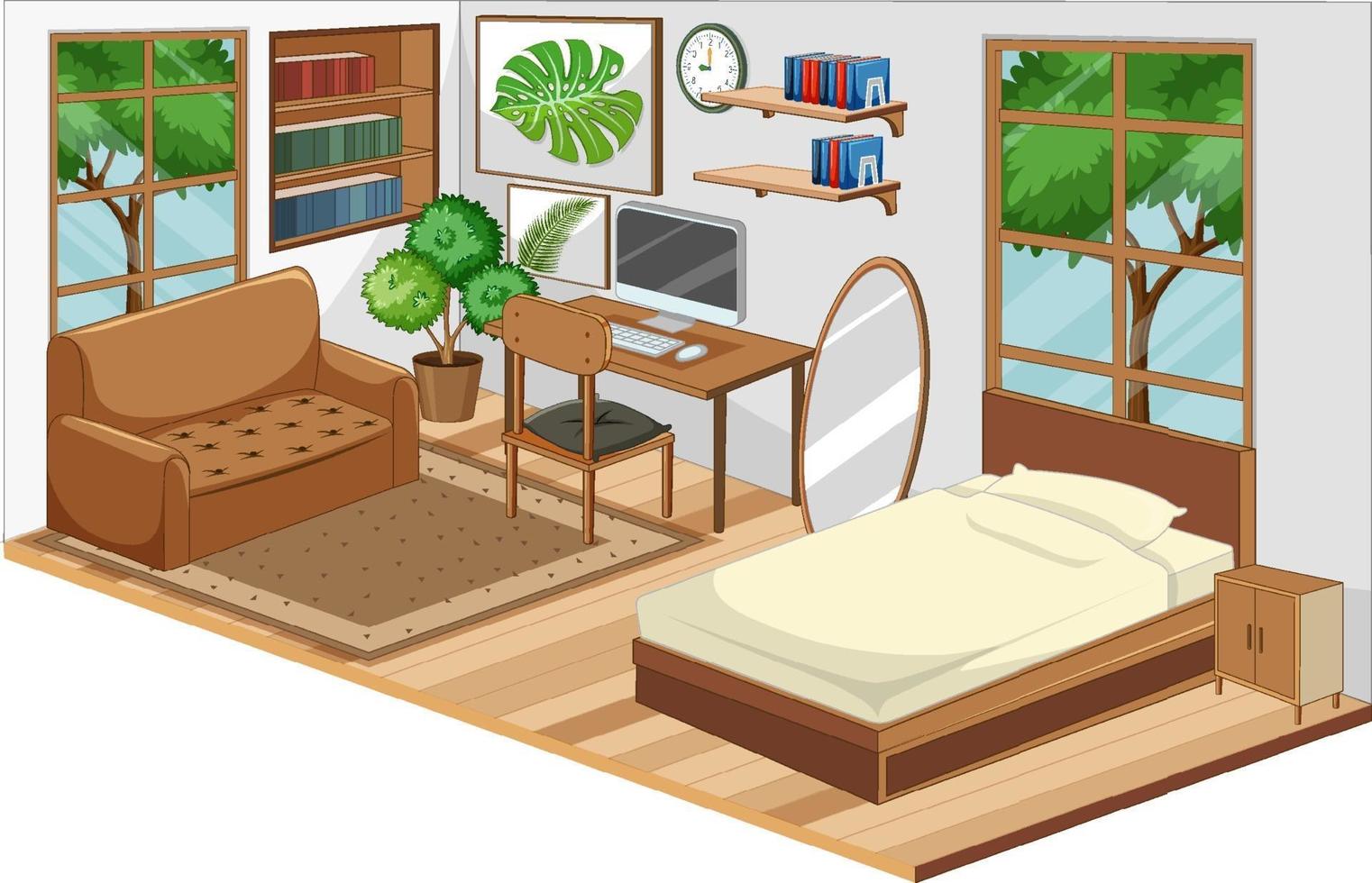 Schlafzimmer Interieur mit Möbeln und Dekorationselementen in braunem Thema vektor