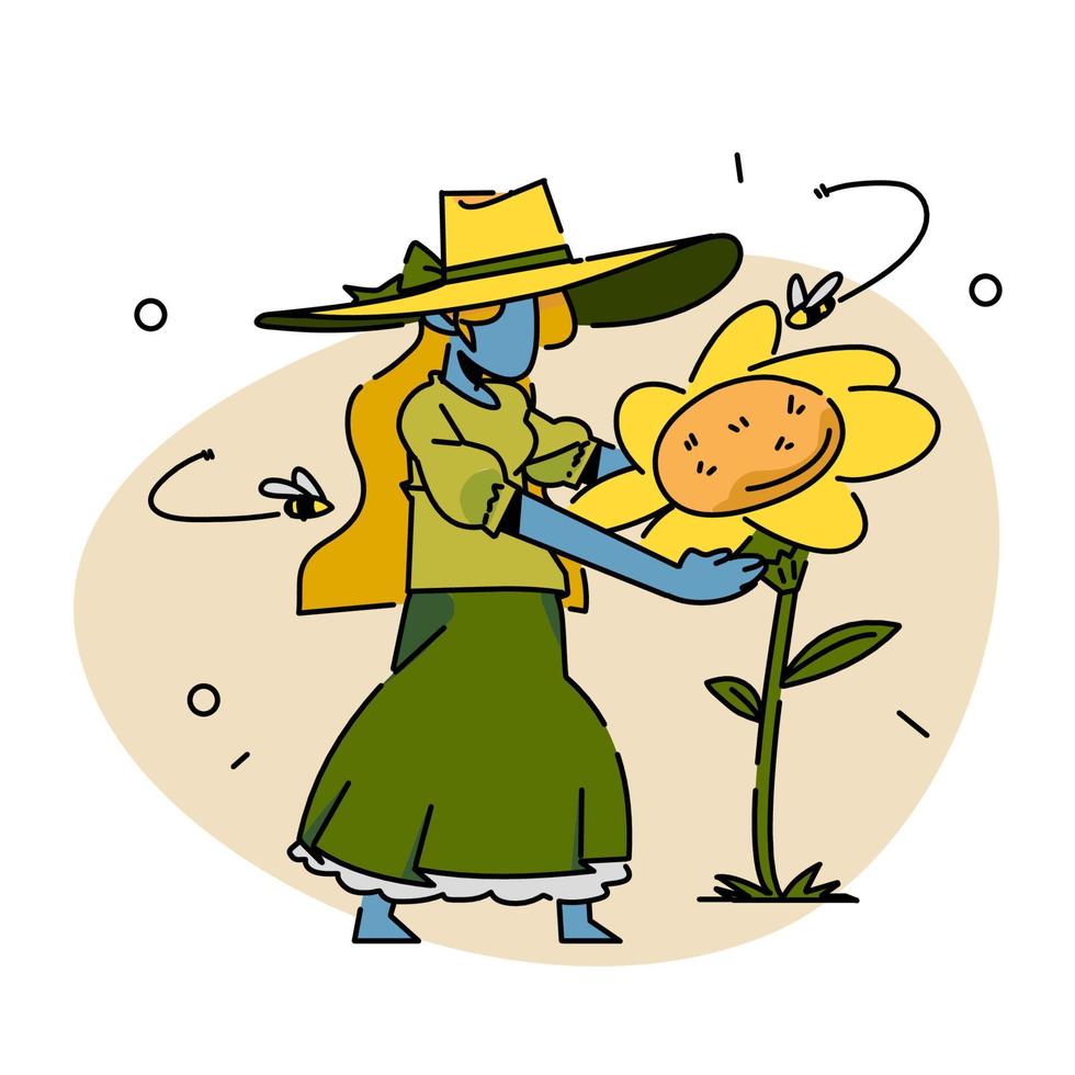 Frau erreichen zum Sonnenblume, eben Vektor Illustration.