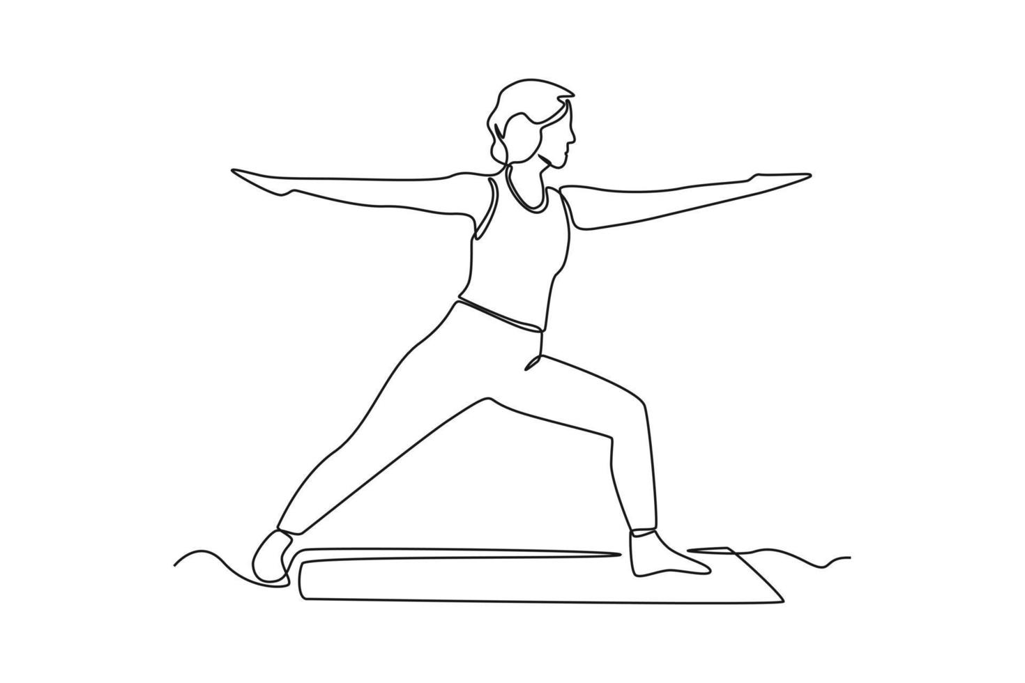 kontinuierlich einer Linie Zeichnung glücklich Frau Yoga beim heim. Gesundheitswesen beim Zuhause Konzept. Single Linie zeichnen Design Vektor Grafik Illustration.