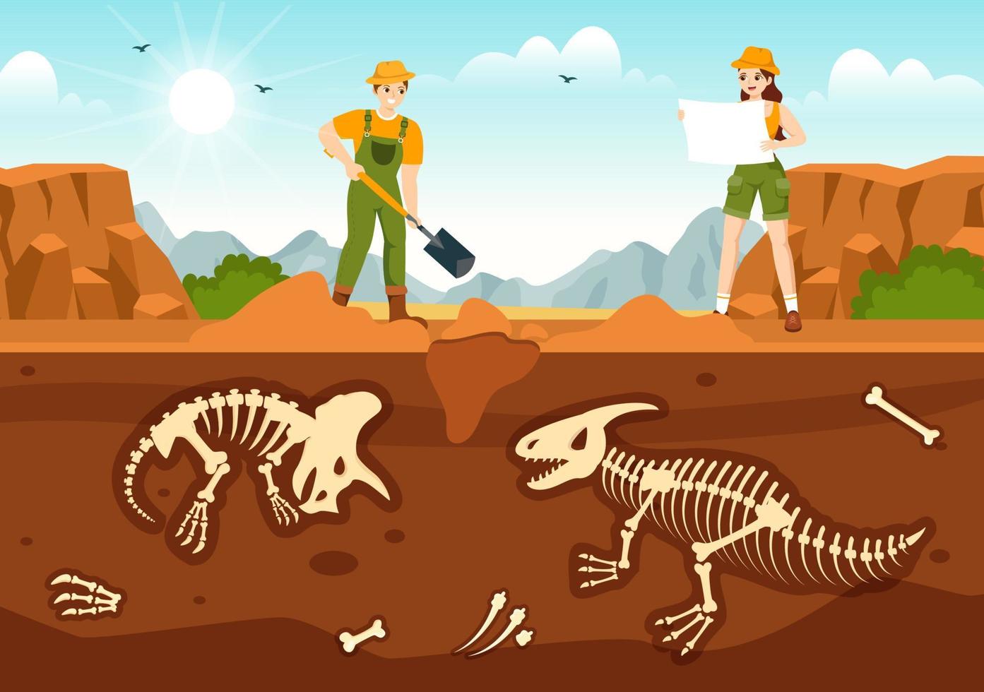 Fossil Illustration mit Archäologen findet Dinosaurier Skelette auf Ausgrabungen oder graben Boden Schichten im eben Karikatur Hand gezeichnet Vorlagen vektor
