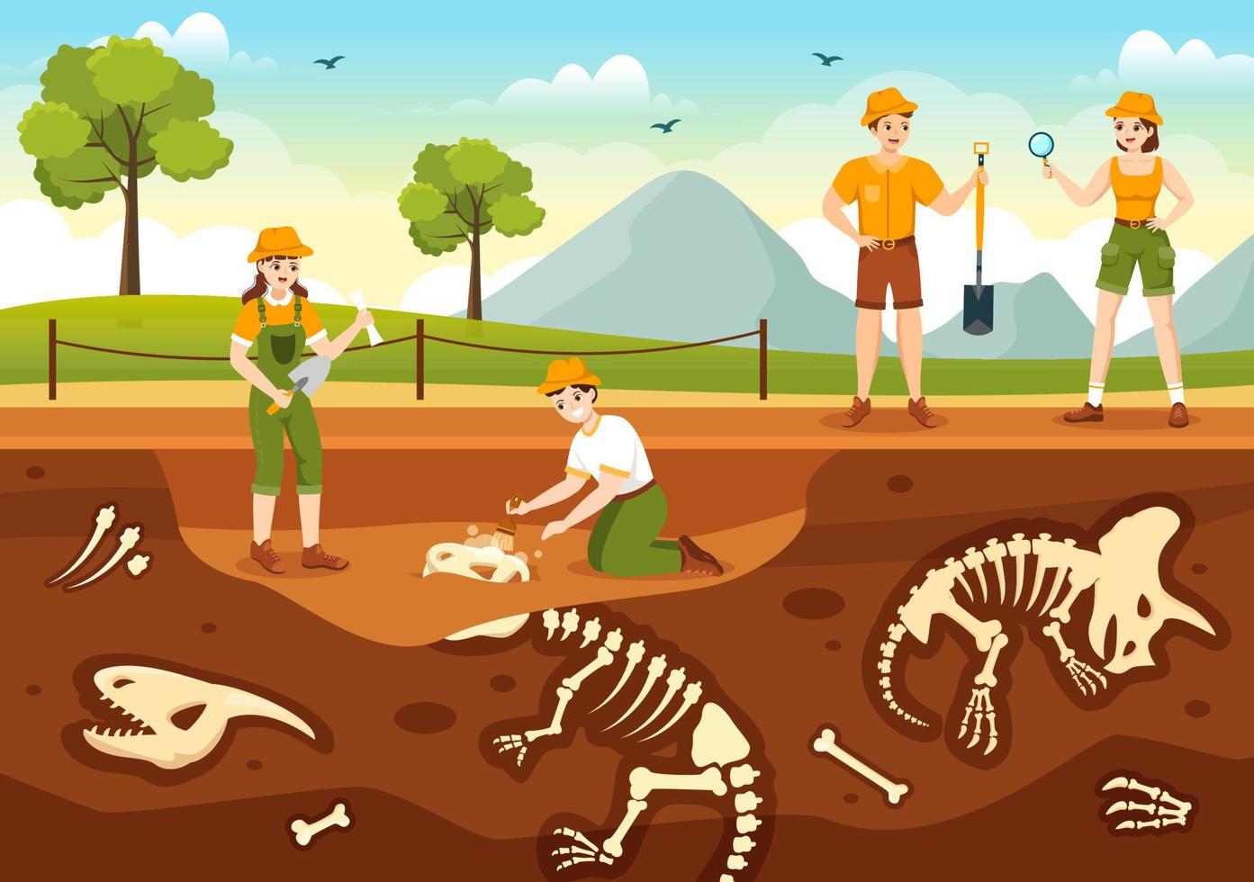 fossil illustration med arkeologer finner dinosaurier skelett på utgrävningar eller grävning jord skikten i platt tecknad serie hand dragen mallar vektor