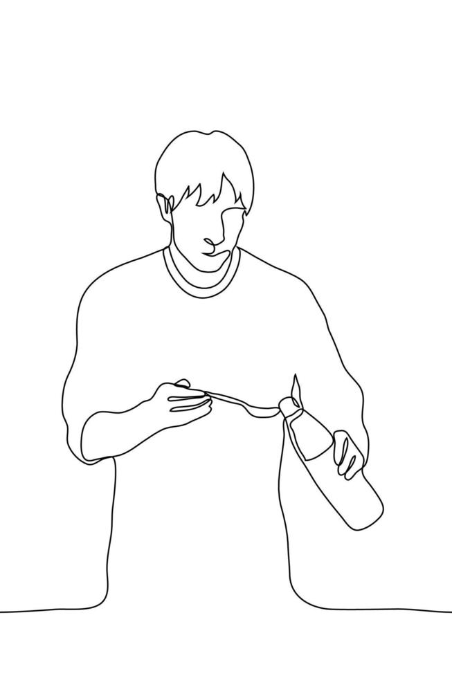 Mann hält ein Flasche von welche er gießt etwas nett von Flüssigkeit in ein Löffel. einer Linie Zeichnung Konzept von ein Mann Wer bereitet vor durch Löffel Messung Essig vektor