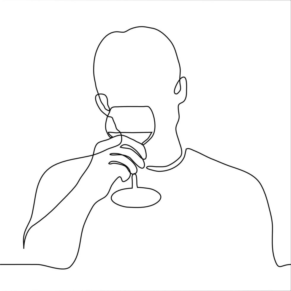 Silhouette von ein Mann Trinken Wein alkoholisch trinken von ein Glas auf ein Stengel. einer kontinuierlich Linie Zeichnung von ein Mann Verkostung Wein Sommelier, Sprichwort Toast mit ein Glas beim seine Mund vektor
