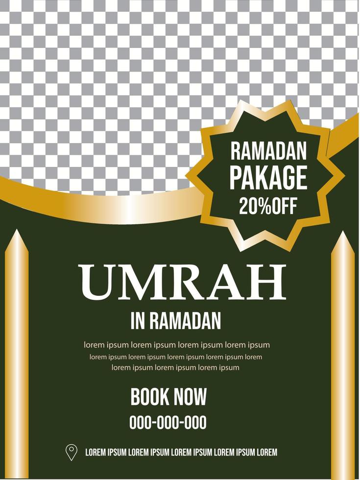 hajj und umrah Luxus Paket Flyer, Ramadan kareem Flyer Vorlage islamisch Broschüre Post Arabisch Kalligraphie, Gruß Karte Feier von Muslim Gemeinschaft Festival, Übersetzung das Monat von Fasten vektor