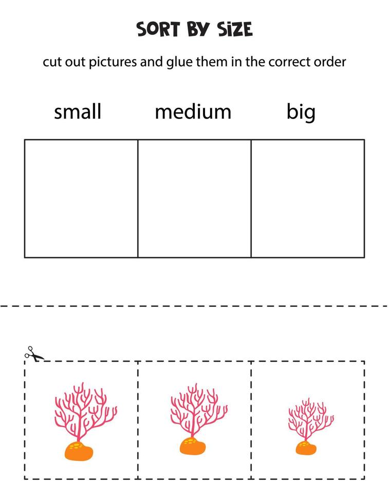 sortera tecknad serie korall förbi storlek. pedagogisk kalkylblad för ungar. vektor