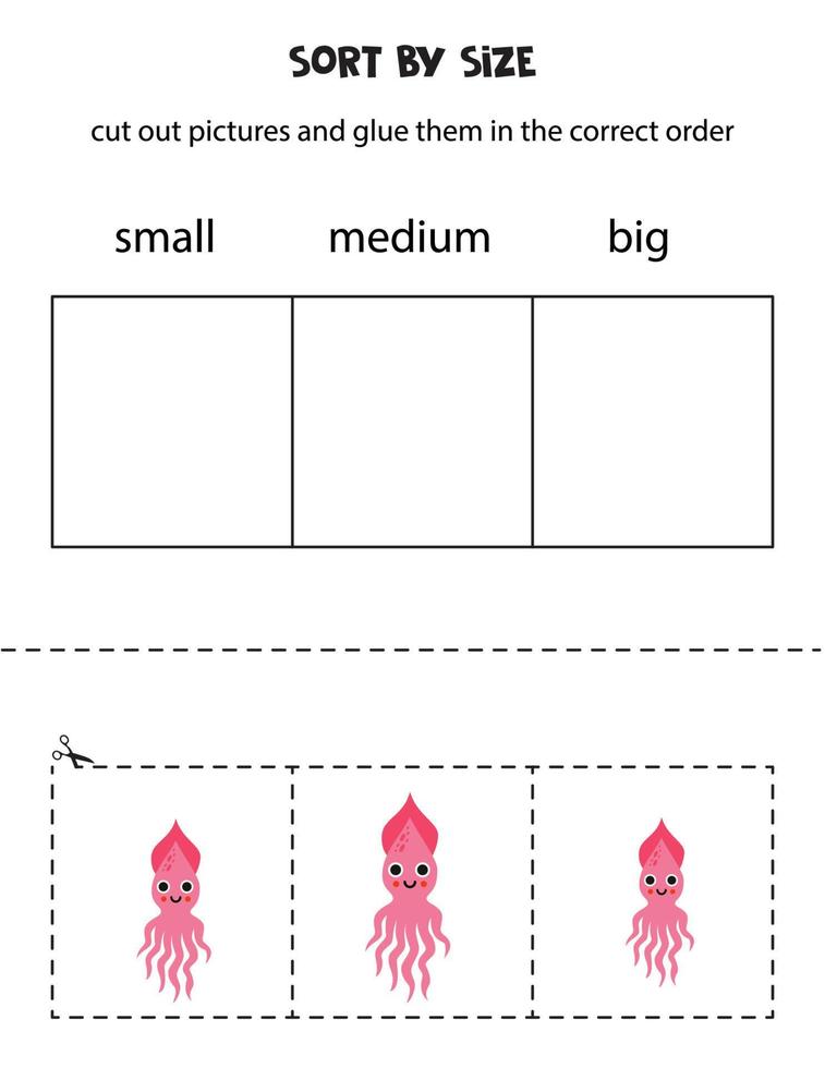 Sortieren Karikatur Rosa Tintenfisch durch Größe. lehrreich Arbeitsblatt zum Kinder. vektor