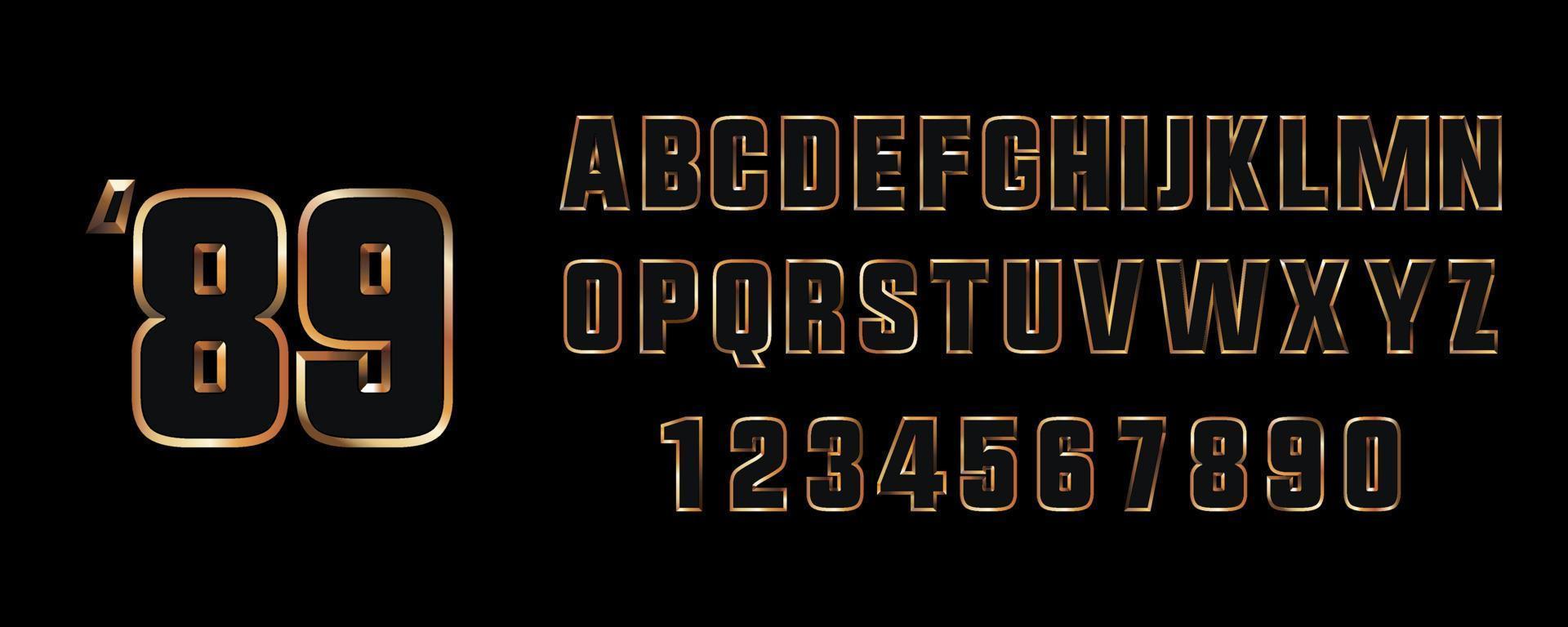 89 år alfabet stil. svart tal och brev med guld stroke. gyllene typografi vektor fil. samling av tecken i 90 s och 80 s estetisk. typeset för komisk böcker och filmer.