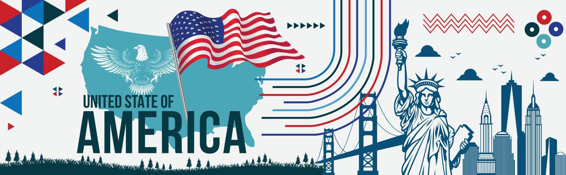 USA oberoende dag baner 4:e juli med USA nationell flagga, USA nationell Örn, staty av frihet, landmärken, USA Karta vektor illustration förenad stater av Amerika