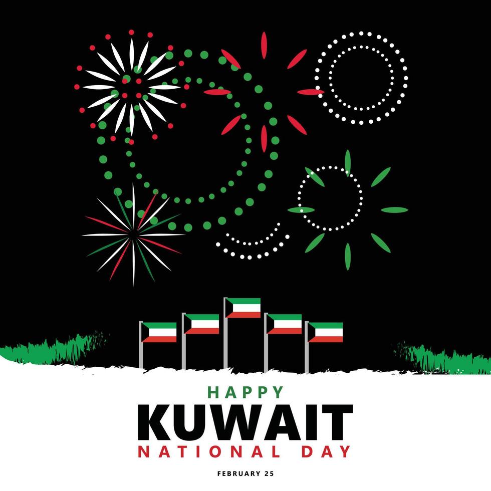 kuwait nationell dag vektor illustration med nationell flagga och fyrverkeri inom natt himmel.