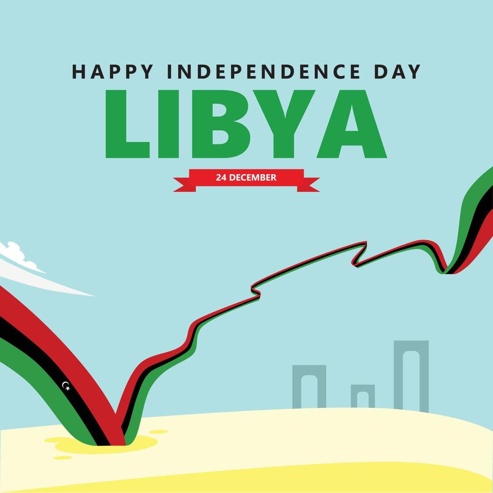 Libyen Unabhängigkeit Tag Vektor Illustration mit ein lange Flagge innerhalb Sand Wüste Landschaft. Norden afrikanisch Land Öffentlichkeit Urlaub.