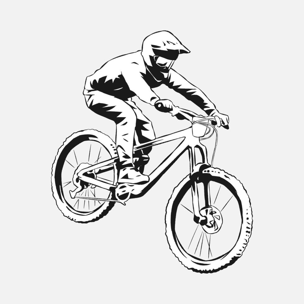 bmx cykel ryttare, utför, cyklist. hand dragen vektor illustration, svart och vit, silhuett. begrepp av extrem sporter, fordon, aktiviteter, etc. lämplig för skriva ut, klistermärke, t -skjorta design