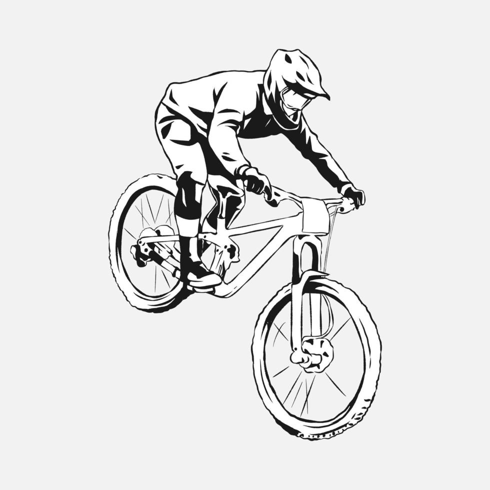 bmx Fahrrad Fahrer, bergab, Radfahrer. Hand gezeichnet Vektor Illustration, schwarz und Weiss, Silhouette. Konzept von extrem Sport, Fahrzeuge, Aktivitäten, usw. geeignet zum drucken, Aufkleber, t -Shirt Design