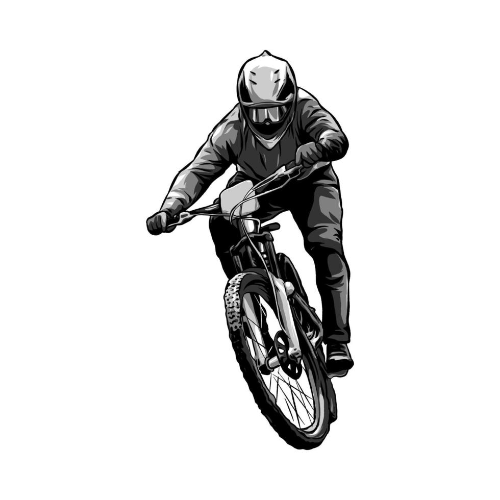 extrem sporter ryttare, bmx cyklist, utför, lopp, cyklist. svartvit. perfekt för de cykel gemenskap för t -skjorta, klistermärke, skriva ut, etc. hand dragen vektor illustration.