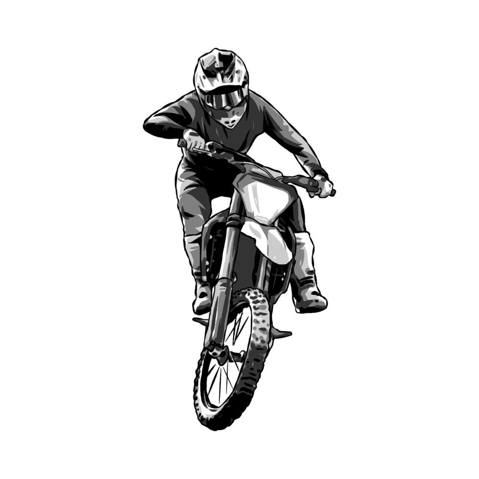 cross racer, svartvit Färg. begrepp av sport, extrem, lopp, motorcykel. för klistermärke, skriva ut, etc. hand dragen vektor illustration.