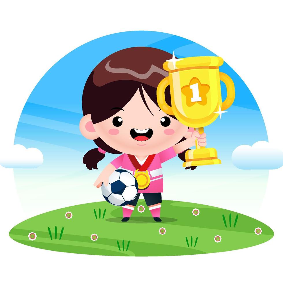 söt flicka står med en fotboll boll guld medalj och en vinnare kopp vektor