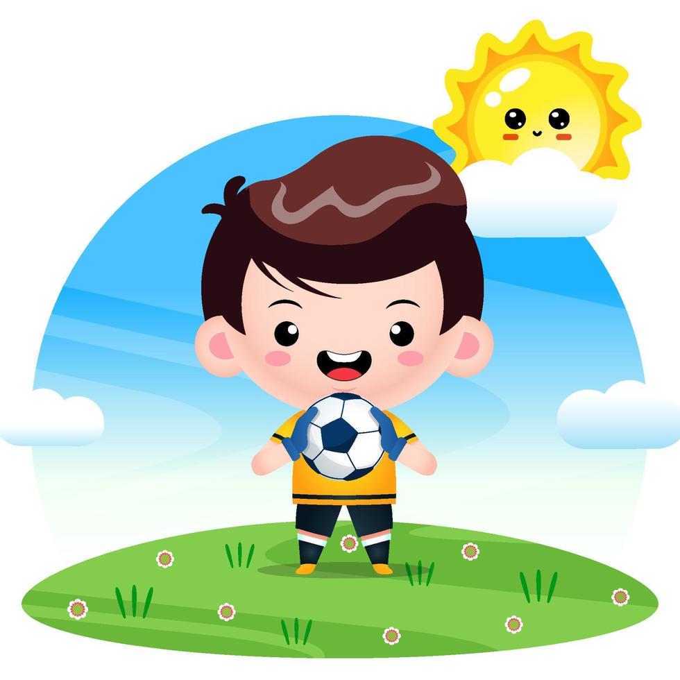 söt målvakt pojke med en fotboll boll vektor
