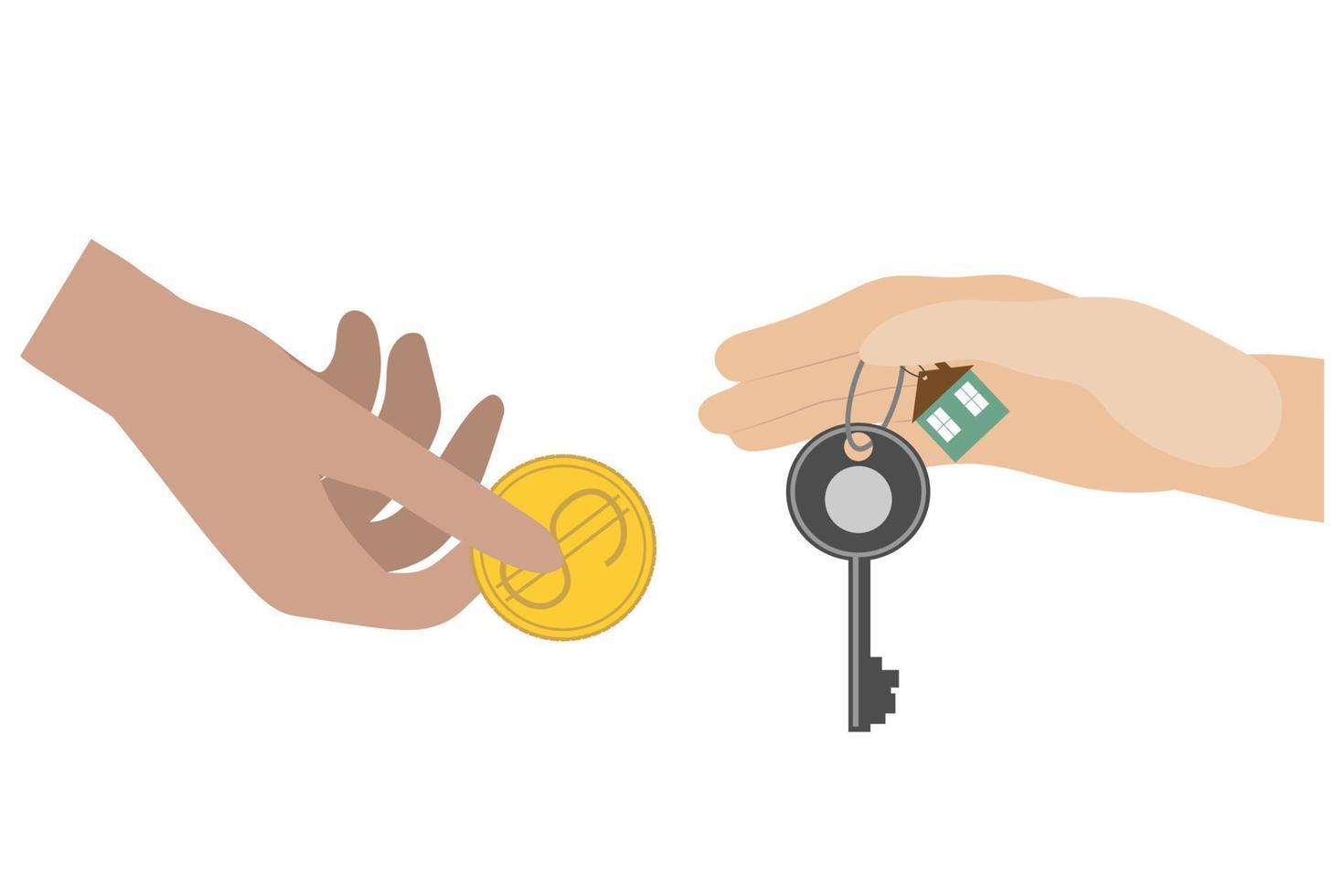 Hände halten Haus Schlüssel und Dollar Geld Münzen. Clip Kunst illustrieren das Kauf von echt Anwesen. Hypothek, Investitionen. vektor