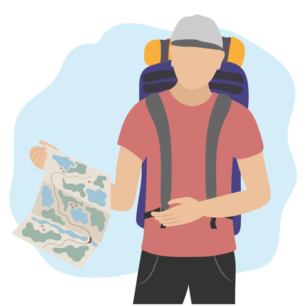 Tourist mit ein Karte und ein groß Rucksack. aktiv Lebensstil Vektor Karikatur