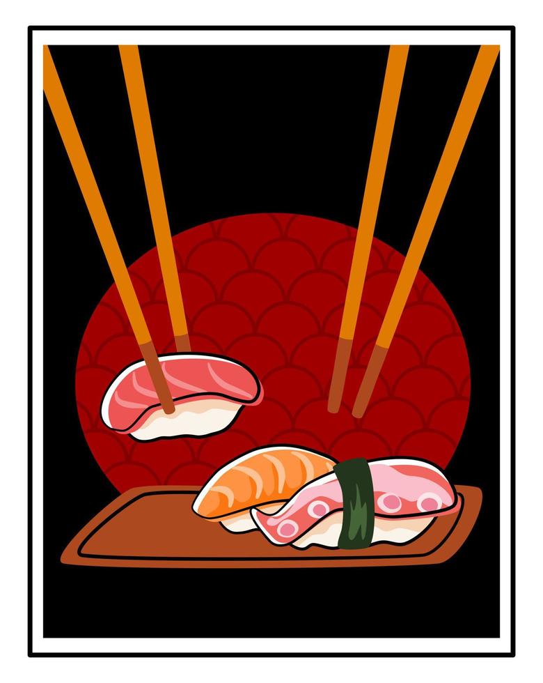 sushi rulla uppsättning med konceptuell bakgrund och ätpinnar. bläckfisk, rå tonfisk och räka nigiri sushi. vektor