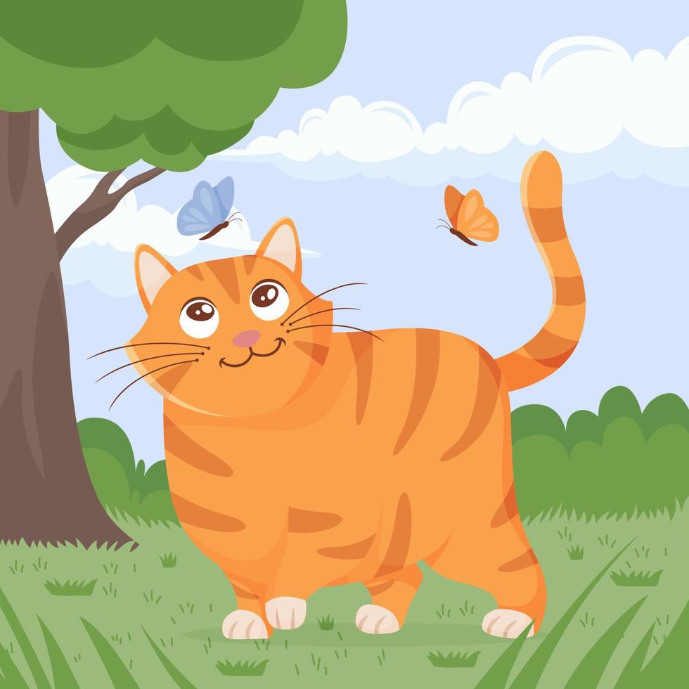 süß Fett Orange Katze im das Feld vektor