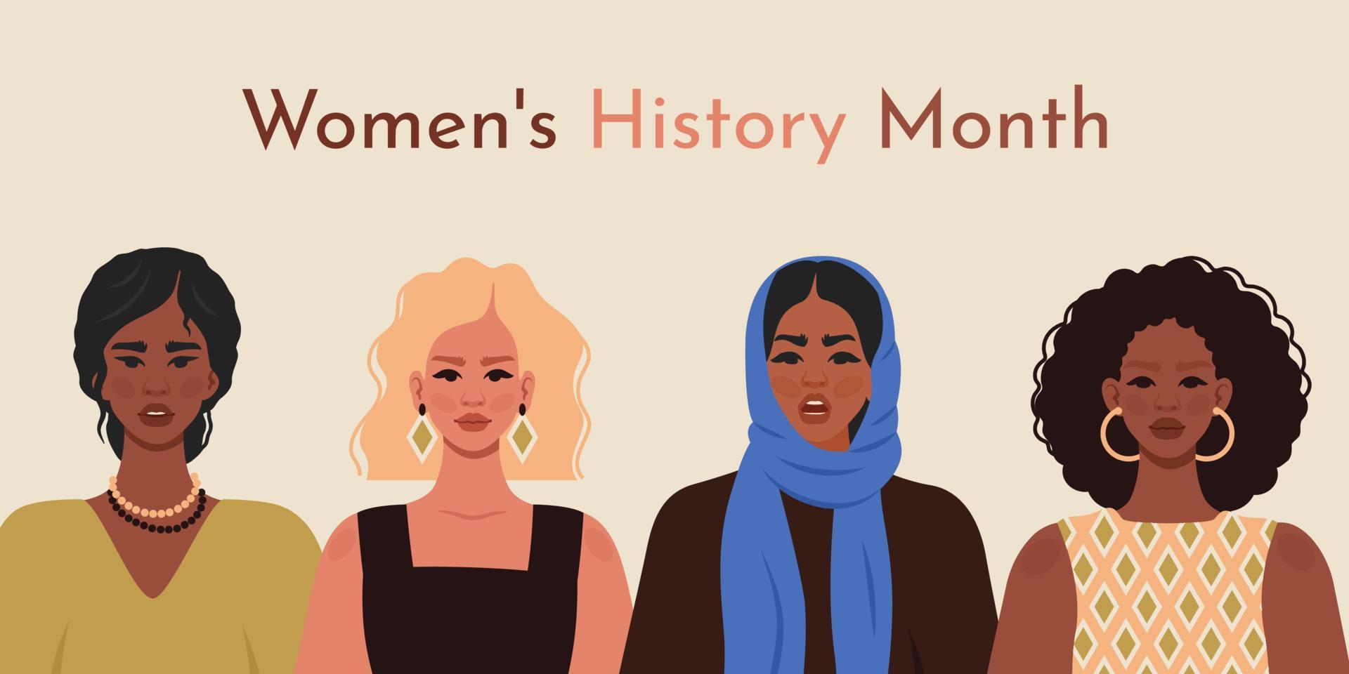 Damen Geschichte Monat. horizontal Banner. jung Damen von anders Nationalitäten. Bewegung zum Damen Rechte. Feminismus, Frauen Ermächtigung, Geschlecht Gleichberechtigung Konzept. Vektor eben Illustration