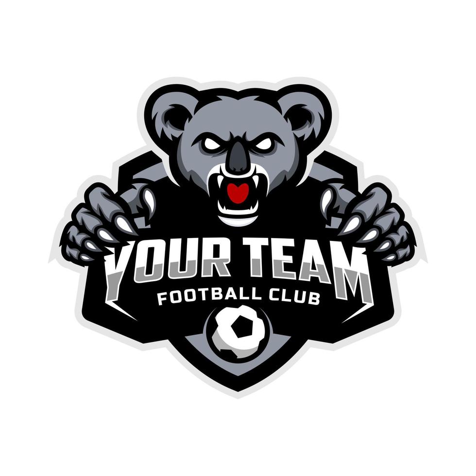 koala maskot för en fotboll team logotyp. skola, högskola eller liga. vektor illustration.