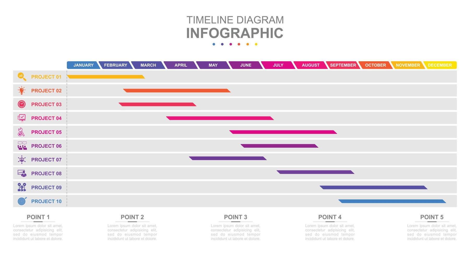 Infografik Geschäft Vorlage. monatlich modern Zeitleiste gantt Diagramm mit Tisch. Konzept Präsentation. vektor